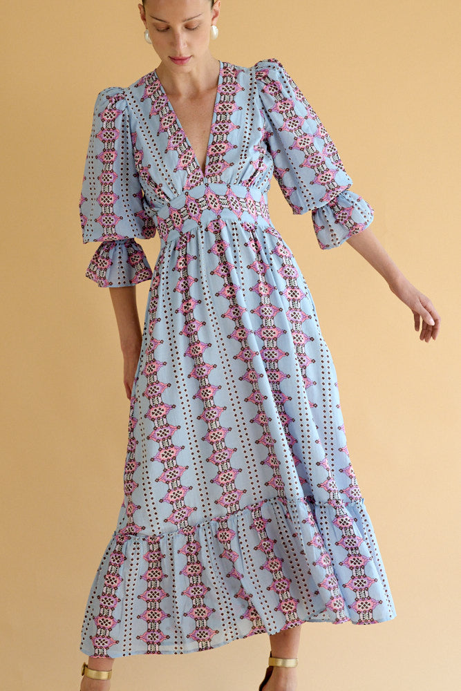 Sophia Dress in Aztec Blue Satin