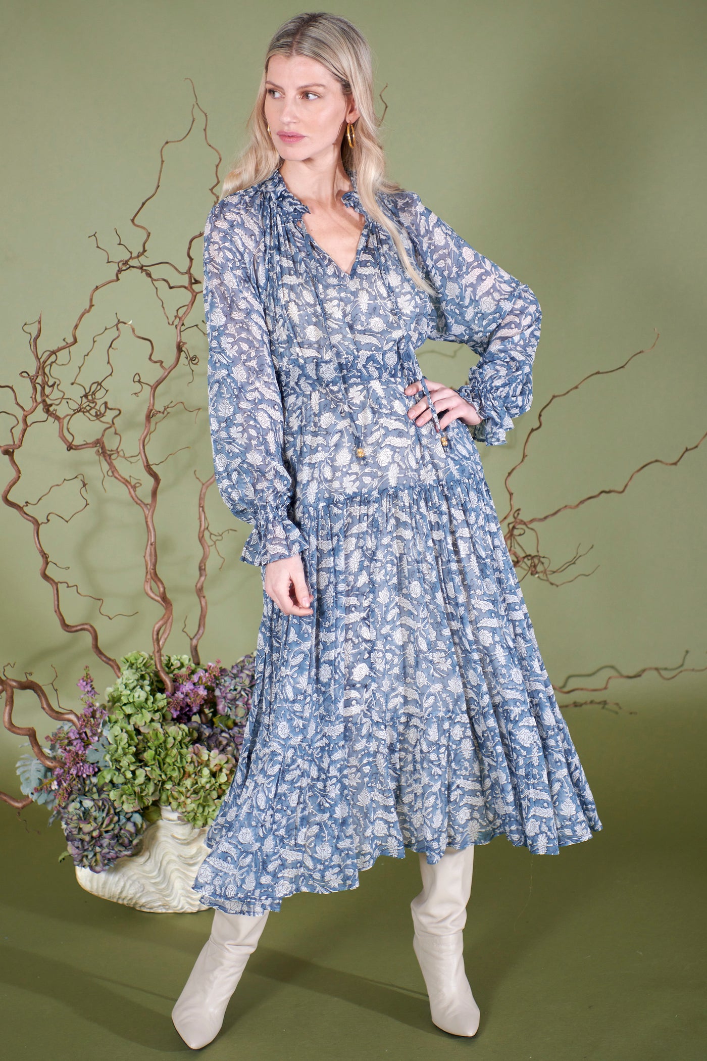 Tilly Dress in Sky Leaves