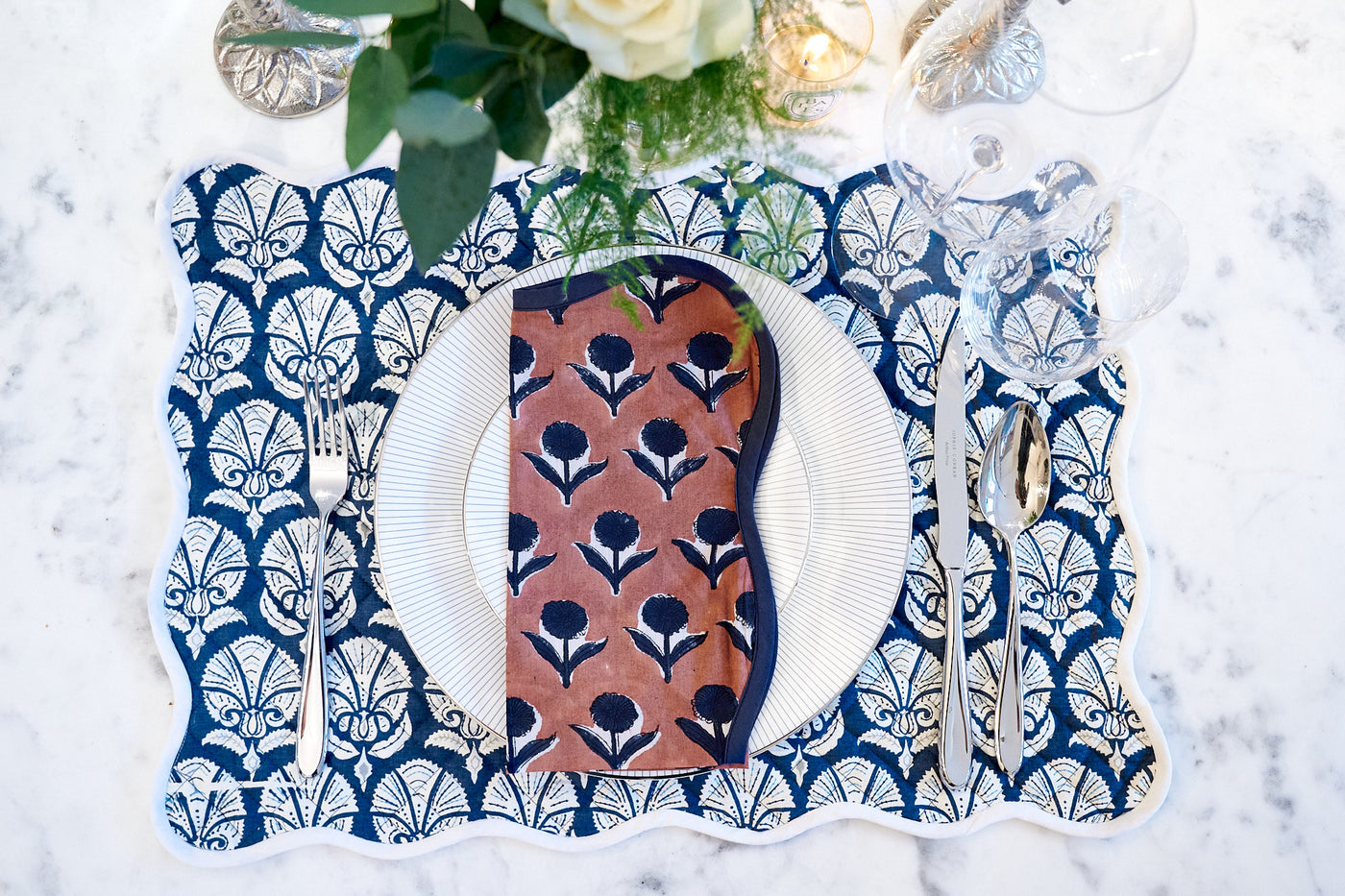 Terracotta Blue Navy Scalloped Napkin