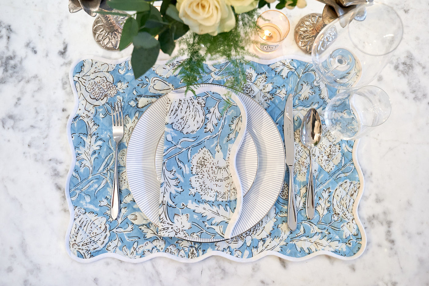 Sky Blue White Scalloped Napkin